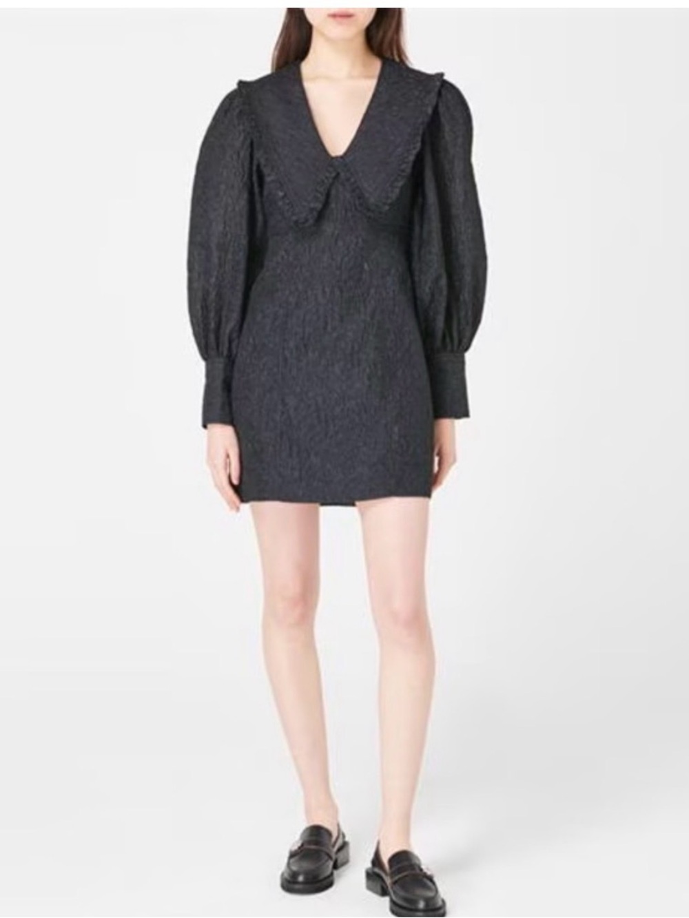 Ganni Black Jacquard Organza Mini Dress with Peter Pan Ruffled‎ Collar Size 2